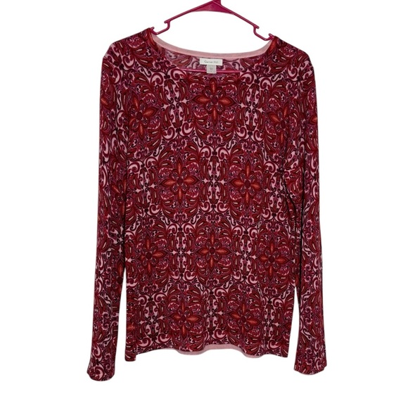 Garnet Hill Pink Red Marino Wool Pattern Crewneck Sweater Women’s Size Large - Picture 1 of 5